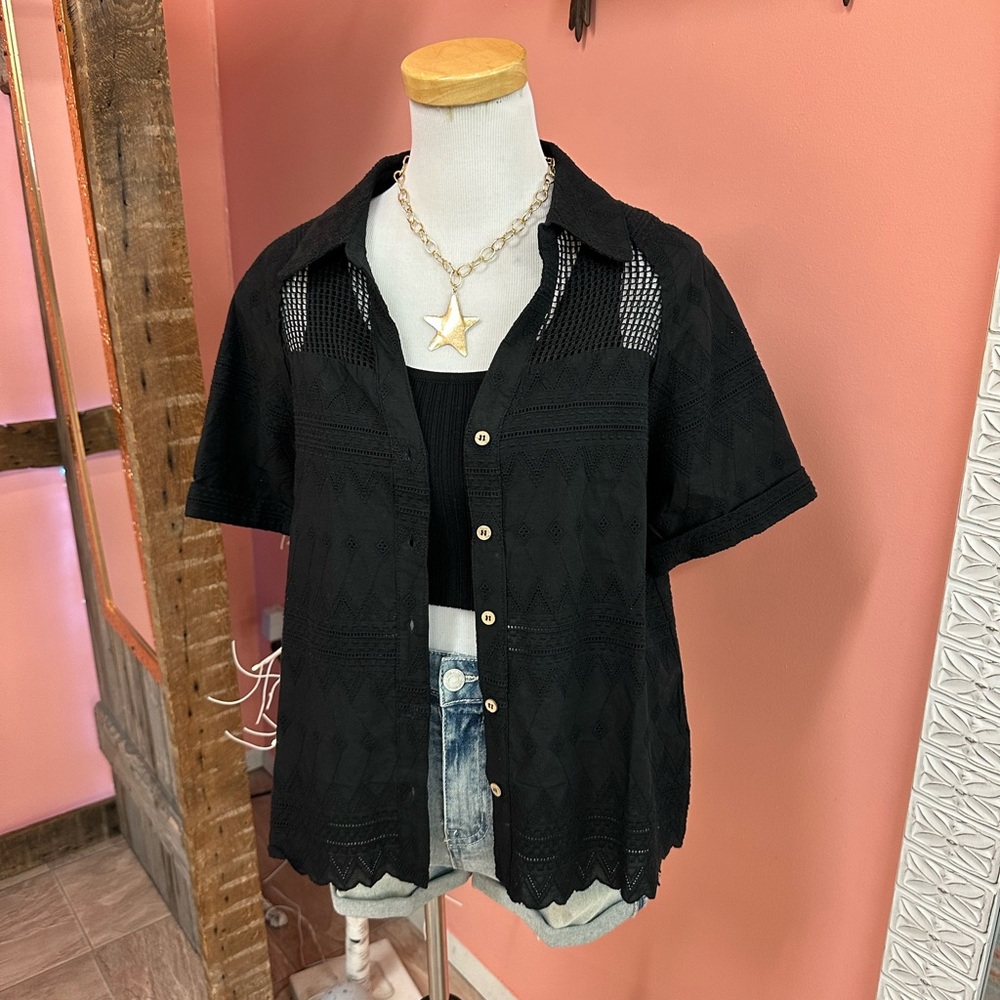 NEW! Very J Black Eyelet Button-Up Blouse